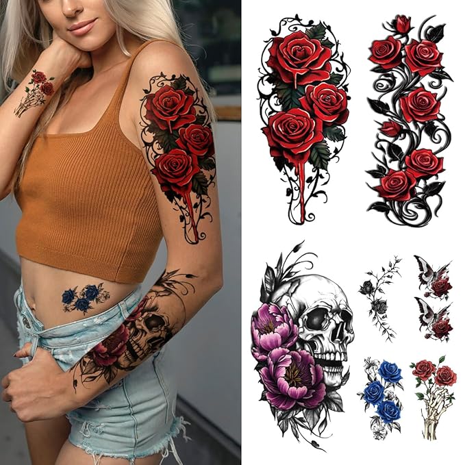 77 Sheets Skull Flower Realistic Temporary Tattoos - Image 7