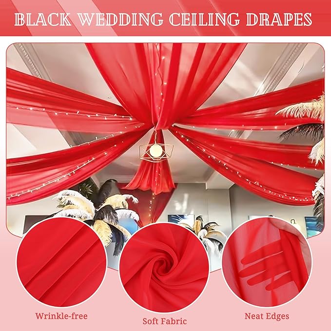6 Panels Red Ceiling Drapes for Wedding 5ftx10ft Chiffon Fabric Arch Draping - Image 3