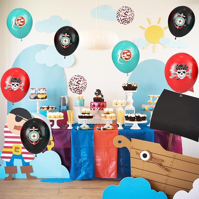 Pirate Balloons, 12 Inch Teal Black Red Confetti Balloons - Image 7