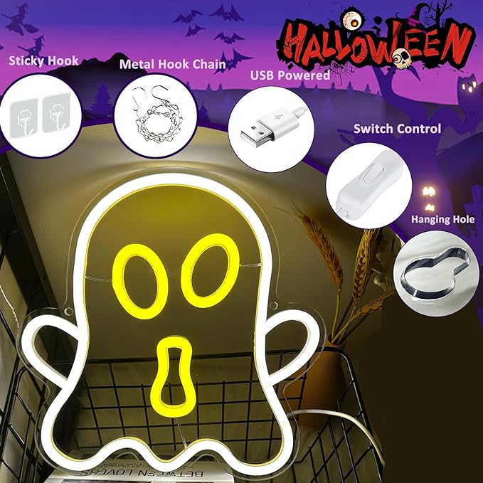 Halloween White Ghost Neon Sign Halloween, USB Halloween Neon LED Light - Image 4
