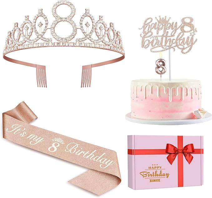 8th Birthday Decorations for Girl Including Sash, Numeral Candle and Cake Topper by JueslyBirthdayParty