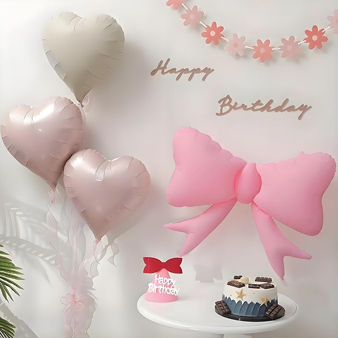 7 piece Bow Balloons Happy Birthday Bow and Heart Shaped Balloon Flowers Banner - Image 2