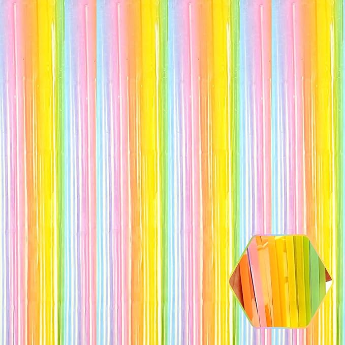 6 Pack Rainbow Foil Fringe Curtain Backdrop, 3.28Ft x 8.2Ft Metallic Tinsel by Ferwzsr