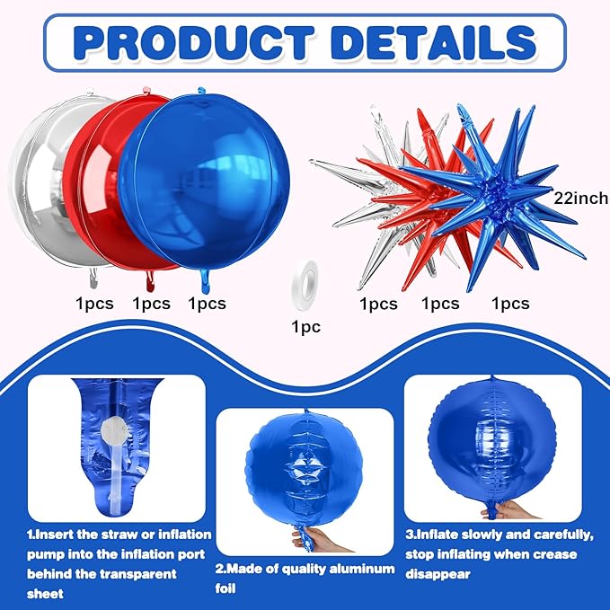 6Pcs Red Blue Silver Foil Balloons, 22Inch Blue Red Silver 4D Round Ball - Image 2