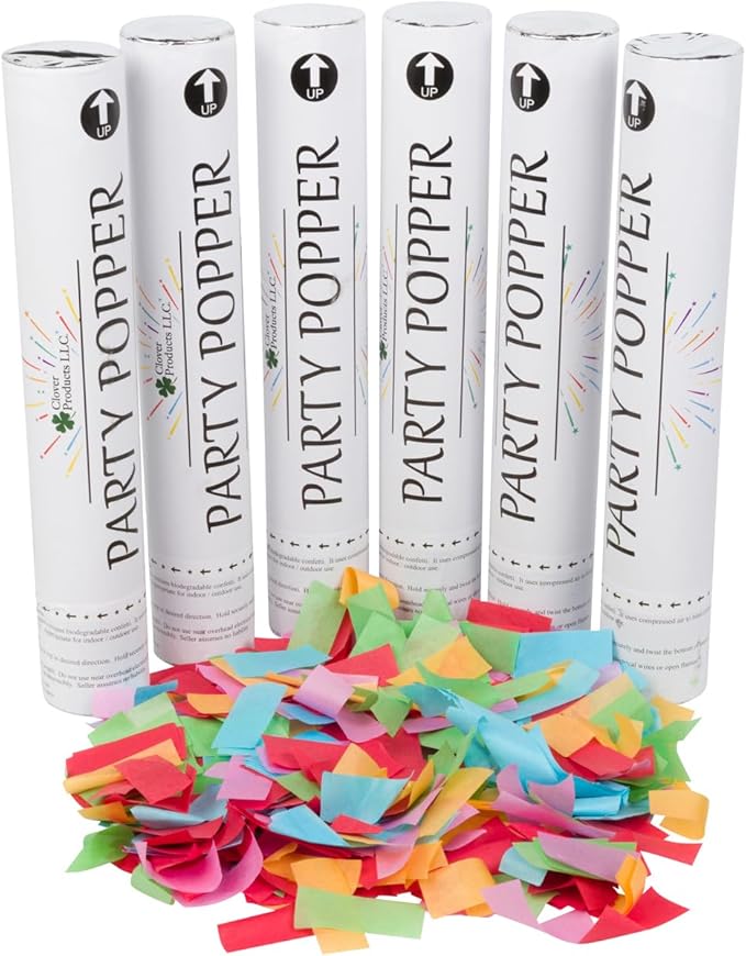 Clover Products 12" Biodegradable Confetti Cannons | 6 Pack Confetti Poppers by CloverProducts