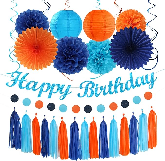 Royal-Navy Blue Orange Happy-Birthday Party-Decorations by Unknown