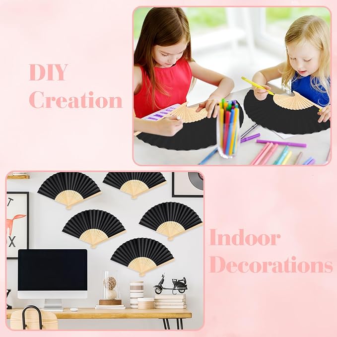 6 Pieces Black Hand Held Bamboo Folding Fans Foldable Paper Fans Handheld - Image 4