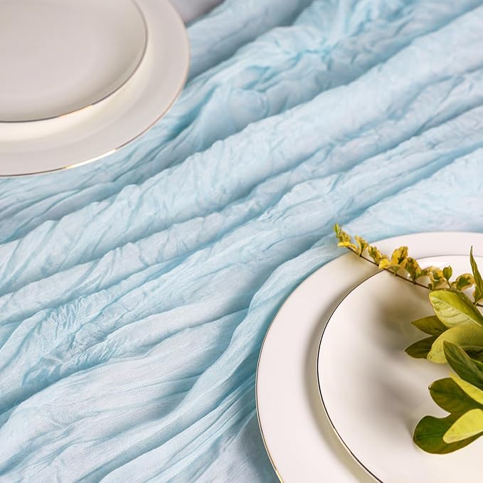 Hahuho Dusty Blue Cheesecloth Table Runner 10ft, Gauze Boho Rustic Table Runners - Image 2