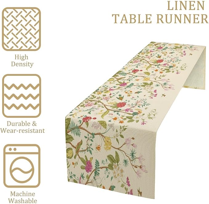Floral Table Runner, Vintage Birds Wildflowers Herbs Nature Theme Linen Long - Image 3