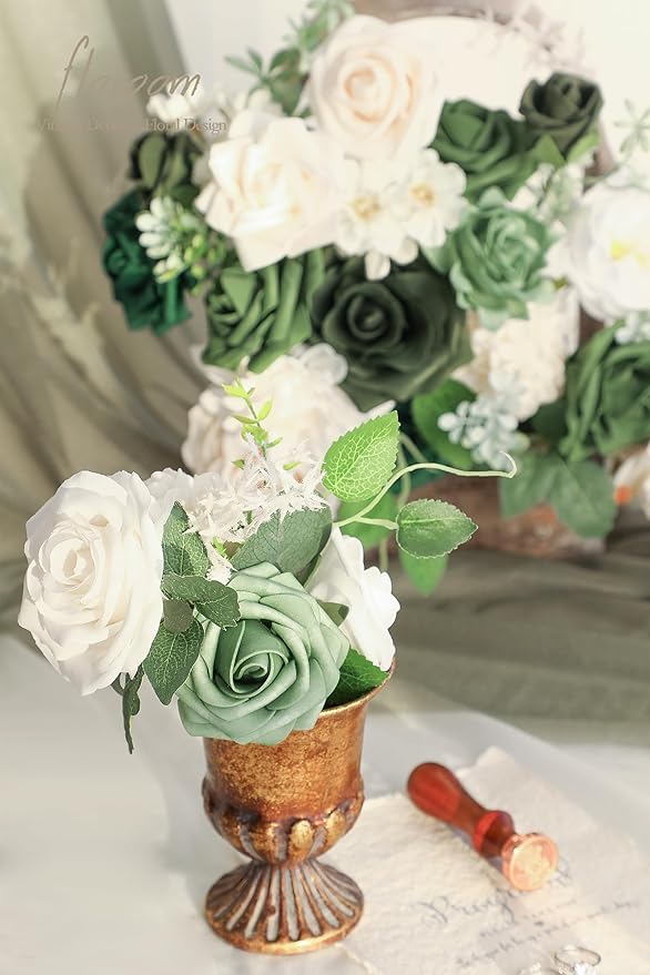 Floroom Olive Green Artificial Flowers Forest Green Fake Roses Peonies Dahlia - Image 3