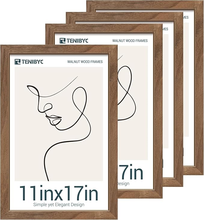 11x17 Picture Frame Set of 4, Walnut Wood Grain, HD Tempered Glass, Wall Hanging by TENiBYC