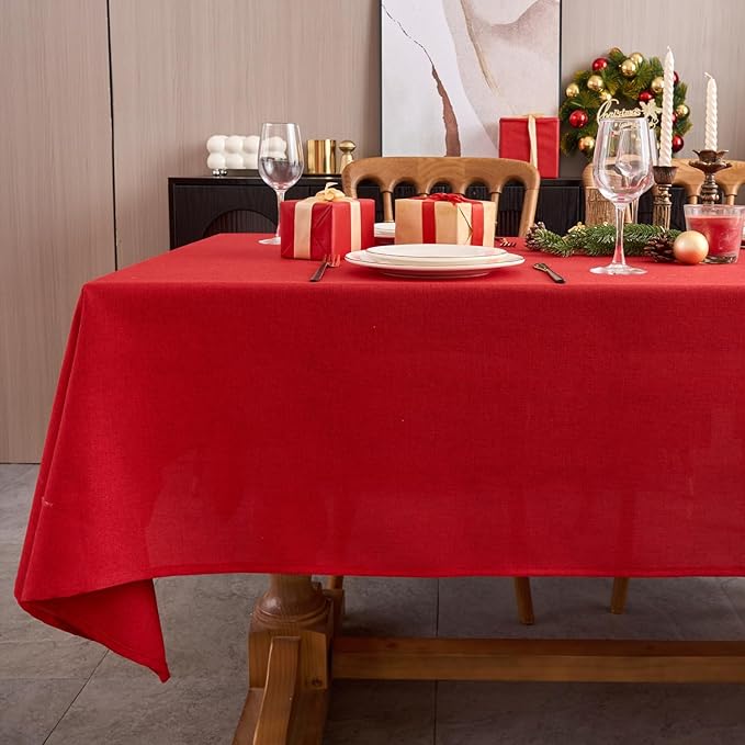 NLMUVW Red Linen Tablecloth Rectangle, Christmas Table Cloth Water Resistant by NLMUVW