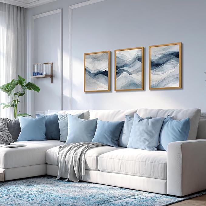 IAFWZX Wood Framed Blue Gray Abstract Wall Art, Modern Minimalist Waves Wall - Image 3
