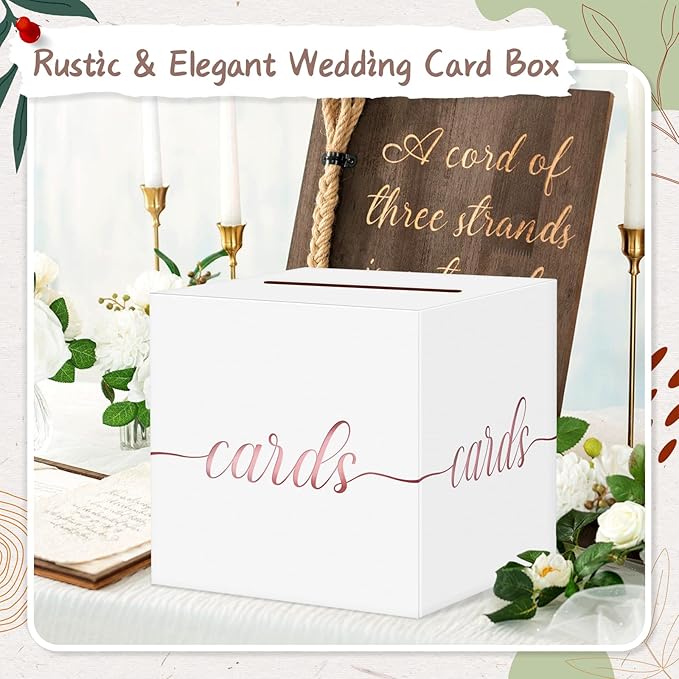 QIKSION White Wedding Card Box, Rose Gold Foil Gift Card Box - Image 2