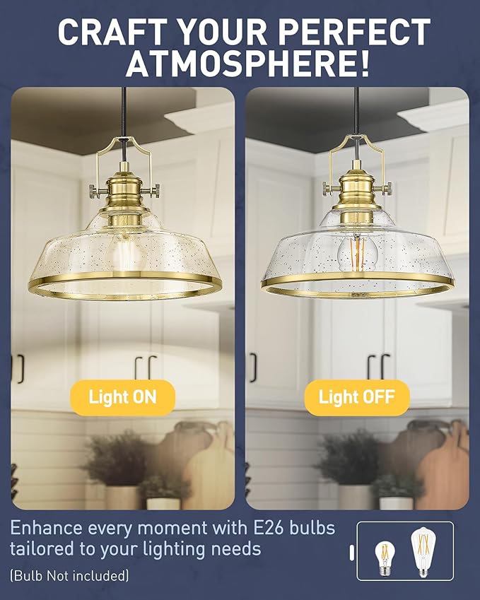kudos Gold Pendant Lights Kitchen Island, Farmhouse Gold Seeded Glass Pendant - Image 5
