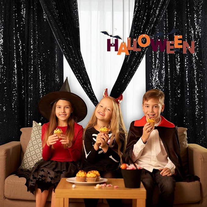 Eternal Beauty Black Sequin Backdrop Curtains, Halloween Shimmer Back Drop - Image 4
