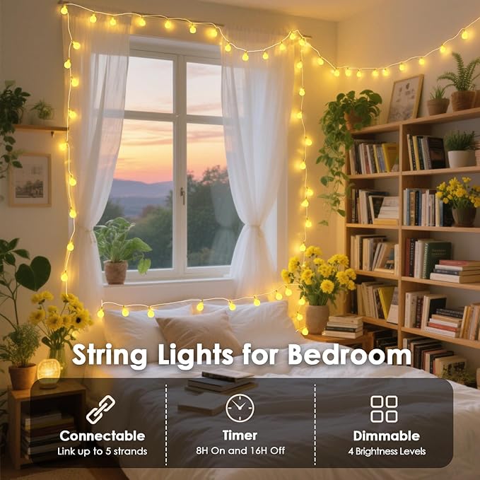 LORRYTE Connectable 43FT 100LED Globe String Lights | 8 Modes Warm White - Image 8