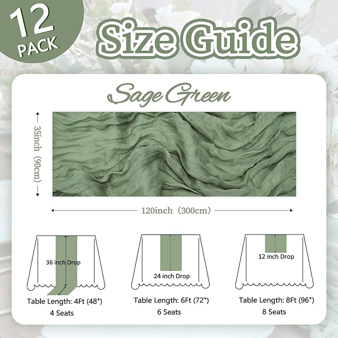 12 Pack Sage Green Cheesecloth Table Runner 10ft Boho Gauze Fabric Cheese Cloth - Image 2