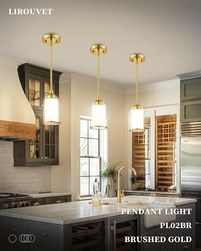 LIROUVET 2 Pack Pendant Lights, Vintage Dual Glass Hanging Lamp, Brushed Gold - Image 5