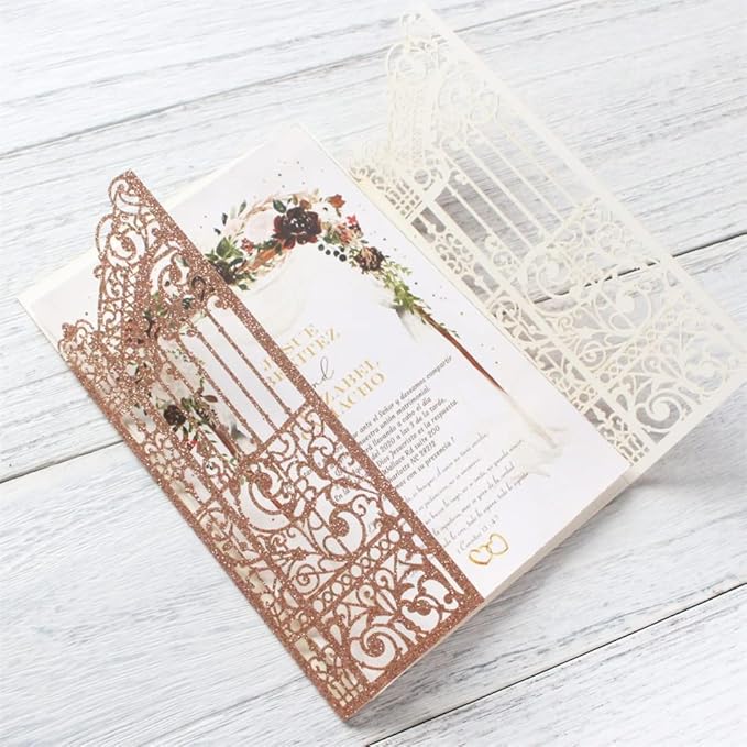Glittery Hollow Rose Gold Invitations Gate Design - Image 5