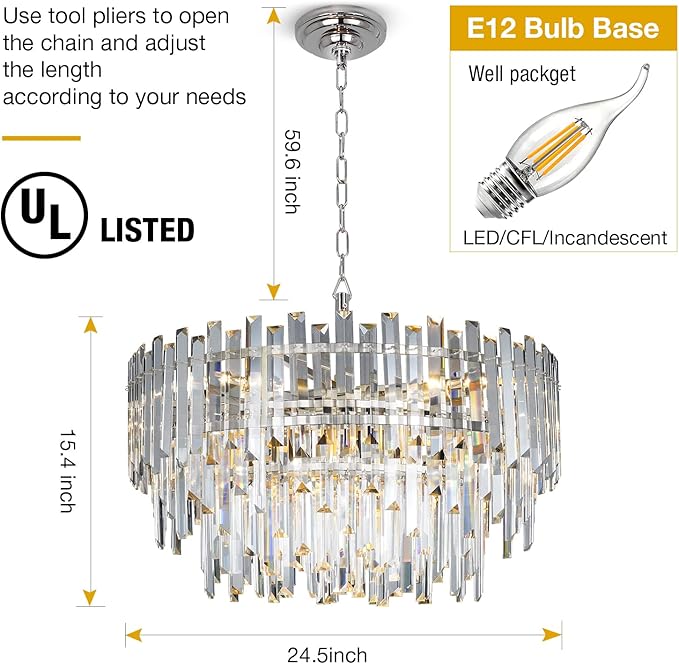 Crystal Chandelier Lighting 24'' Chrome - Image 4