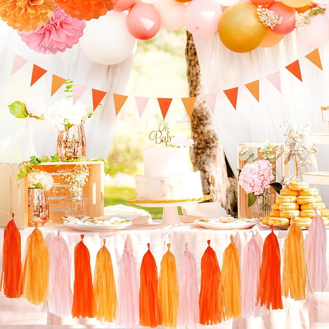 Pink-Orange Groovy Party-Decorations Pom-Poms Streamers - Image 4