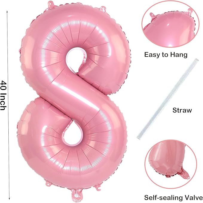 Light Pink Number 8 Balloon 40 Inch Big Self Inflating Foil Number Balloons 0-9 - Image 2