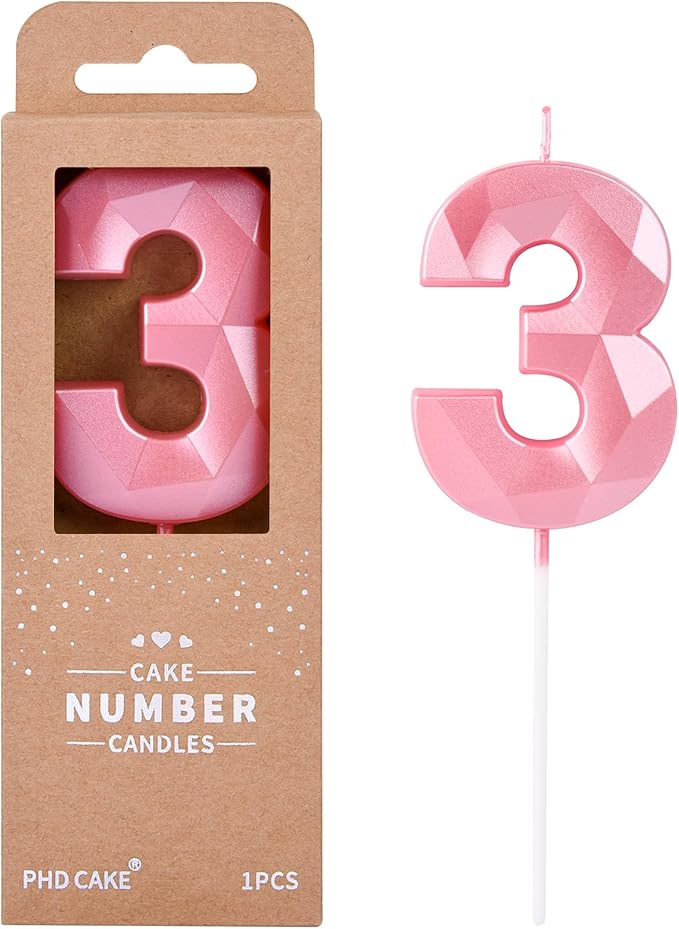 PHD CAKE 2.76 Inch Crystal Pink 3 Number Birthday Candles, Cake Number Candles by PHDCAKE