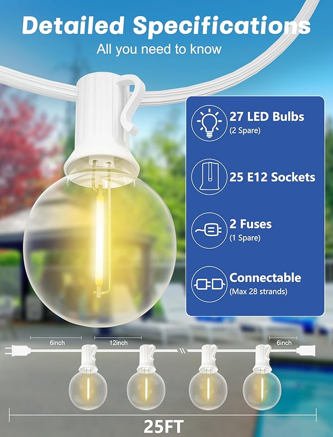 SUNSGNE 25FT G40 LED White Outdoor String Lights - Image 2