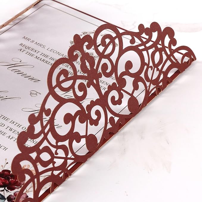 50pcs Burgundy Wedding Invitation Cards Pocket - Image 6