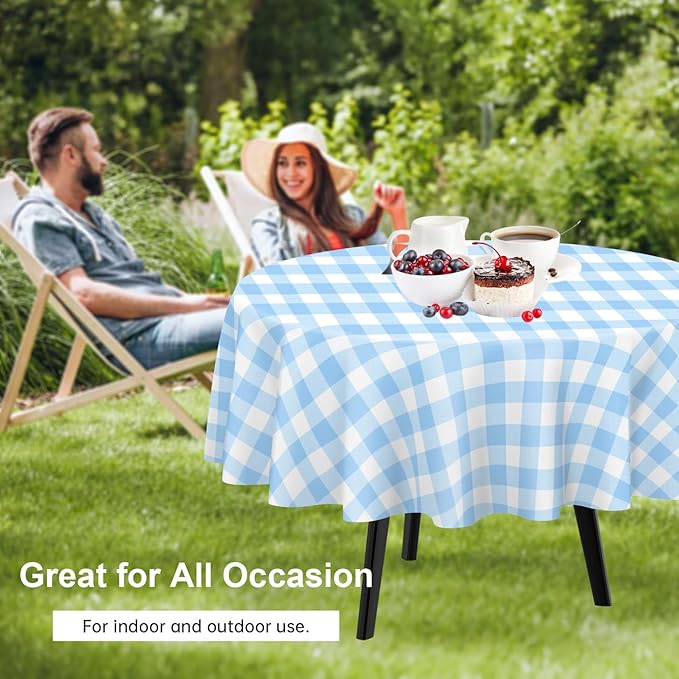 QIKSION Blue Gingham Round Tablecloth 6 Pack, 84 Inch Plastic Checkered Table - Image 4
