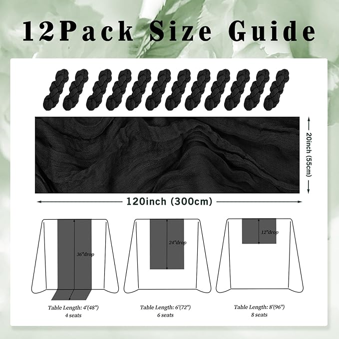 10FT 12 Pack Black Cheesecloth Table Runner 20 x 120 Inch Long Boho Fabric - Image 2