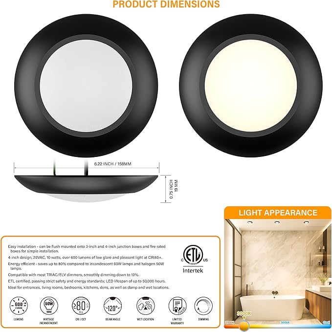 10 Packs 4 Inch Black LED Low Profile Recessed & Surface Mount Disk Light - Image 4