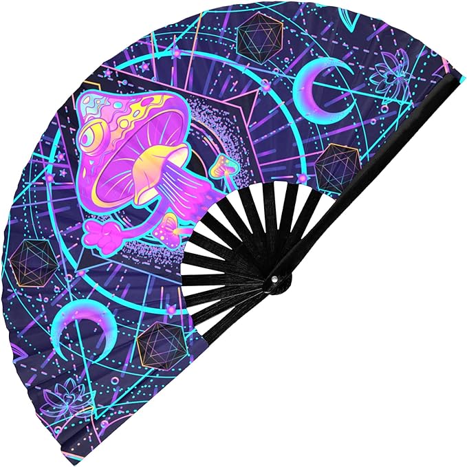 GloFX Rave Fan - UV Mushroom - Large Folding Fan - Music Festival Essential by GloFX