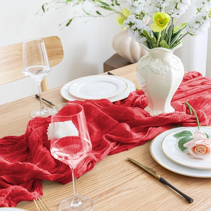 Asee'm 2PCS Fall Table Runner Cheesecloth 10FT Red Boho Gauze Fabric Rustic - Image 5