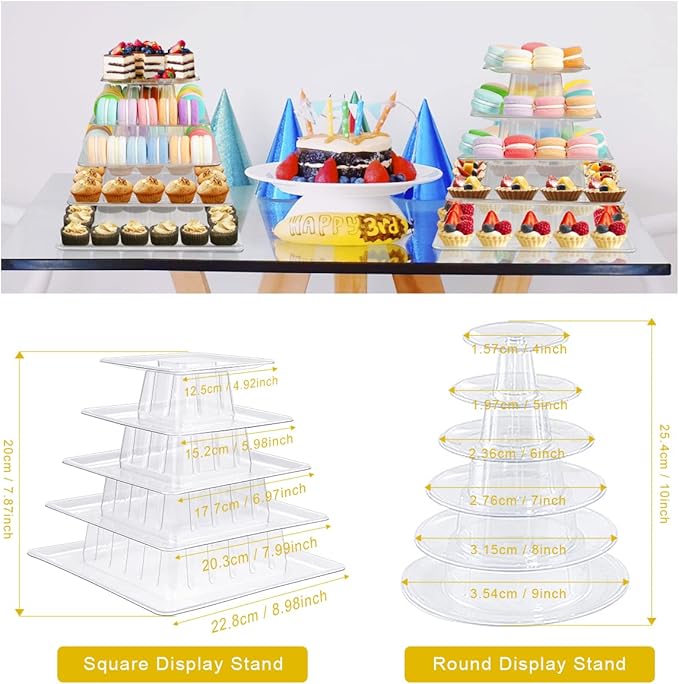 5 Tiers Square Macaron Tower Stand, Plastic Transparent Cake Stand Macaroon - Image 6