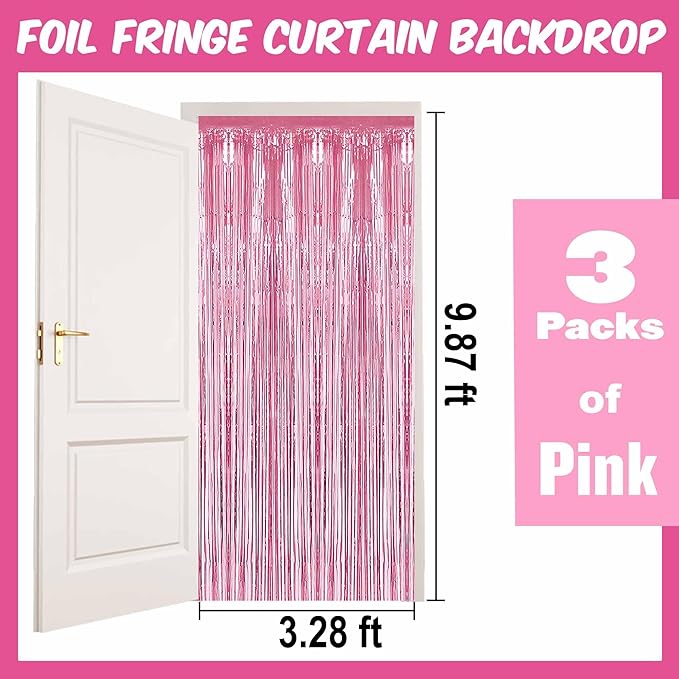3 Pack Pink Foil Fringe Curtains Backdrop, 3.28 x 9.8 Ft Metallic Streamers - Image 2
