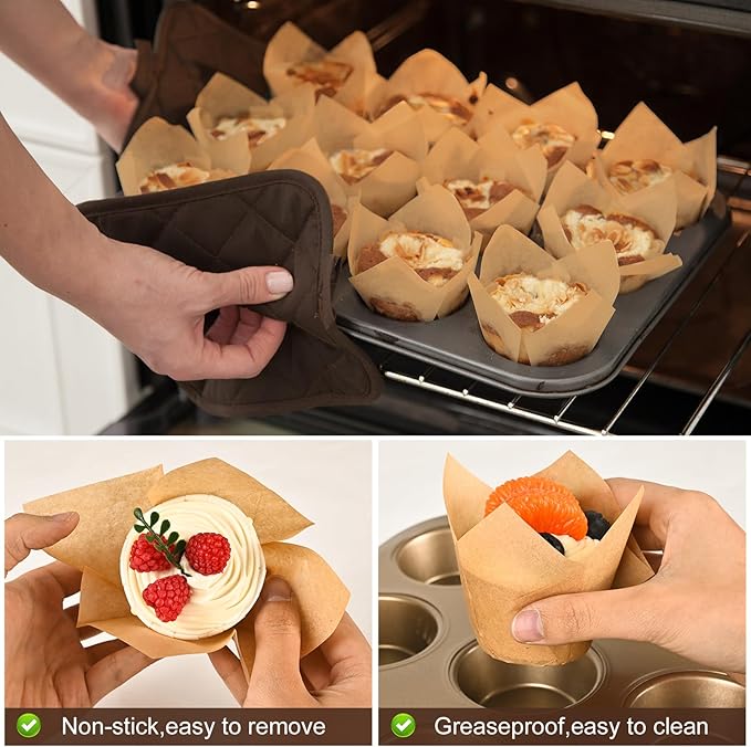 Natural Tulip Cupcake Liners for Baking 200 Cups, Unbleached Parchment paper - Image 3