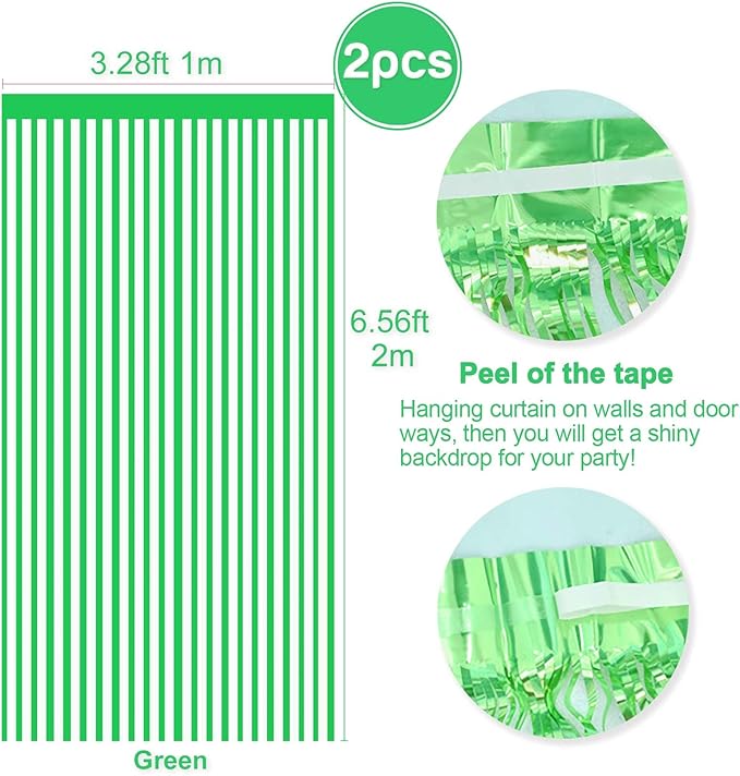 2 Pcs Green Metallic Tinsel Foil Fringe Curtains Backdrop, 3.28 ft x 6.56 ft - Image 2