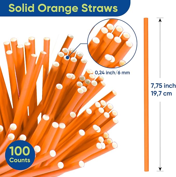7.75 inch Solid Orange Paper Drinking Straws Unwrapped 100 Counts - Image 3