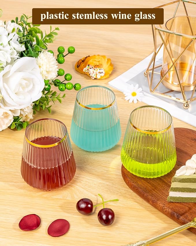 Goodluck 36 Pack 12oz Stemless Plastic Wine Glasses – Clear Ribbed Cups - Image 4