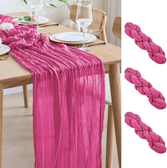 Asee'm 3pcs Cheesecloth Table Runner 120 Inches Long Deep Pink Boho Gauze by Aseem