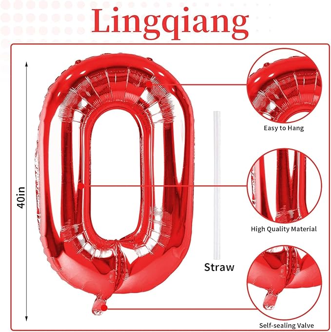 40" Red Number 0 Balloon for Girls, Large Self Inflating Helium Foil Number - Image 2