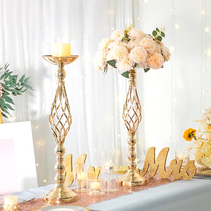 LANLONG 2pcs Metal Gold Candle Holders Road Lead Table Centerpiece Stand Pillar - Image 4