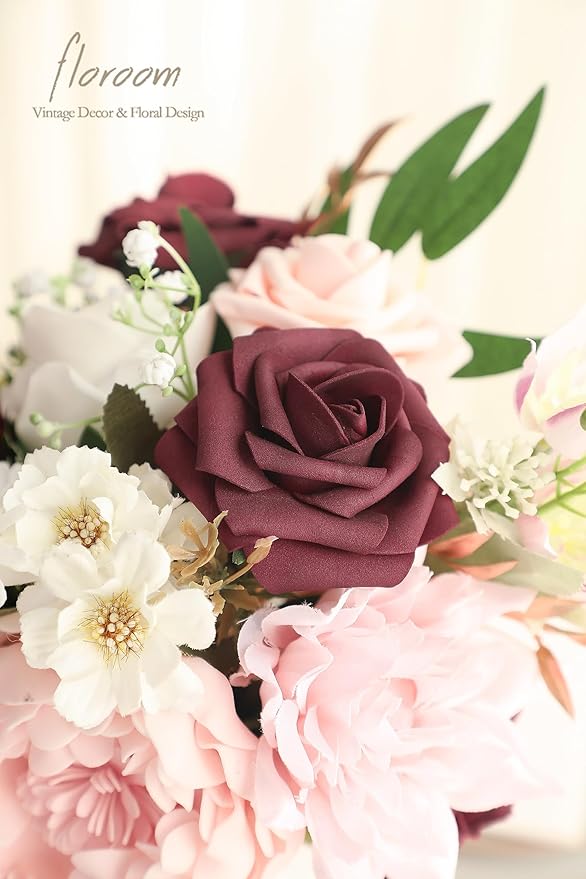 Floroom Blush Burgundy Artificial Flowers Dark Red Fake Roses Peonies Dahlia - Image 5