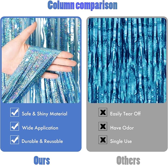 CANREVEL 2 Pack 3.3x8.2 Feet Light Blue Foil Fringe Backdrop Curtains, Glitter - Image 2