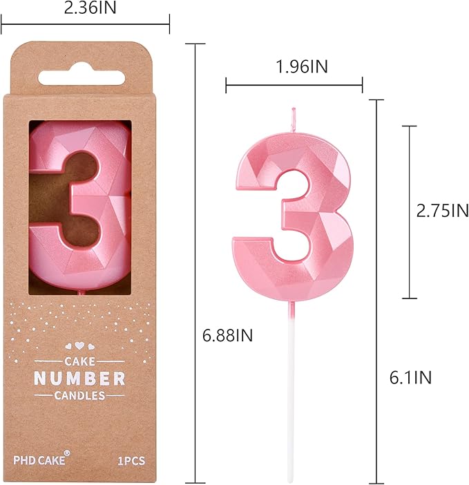 PHD CAKE 2.76 Inch Crystal Pink 3 Number Birthday Candles, Cake Number Candles - Image 6