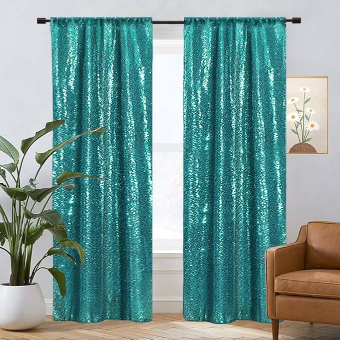 Eternal Beauty Teal Sequin Backdrop Curtains, Shimmer Back Drop 2Panels-2FTx8FT - Image 5