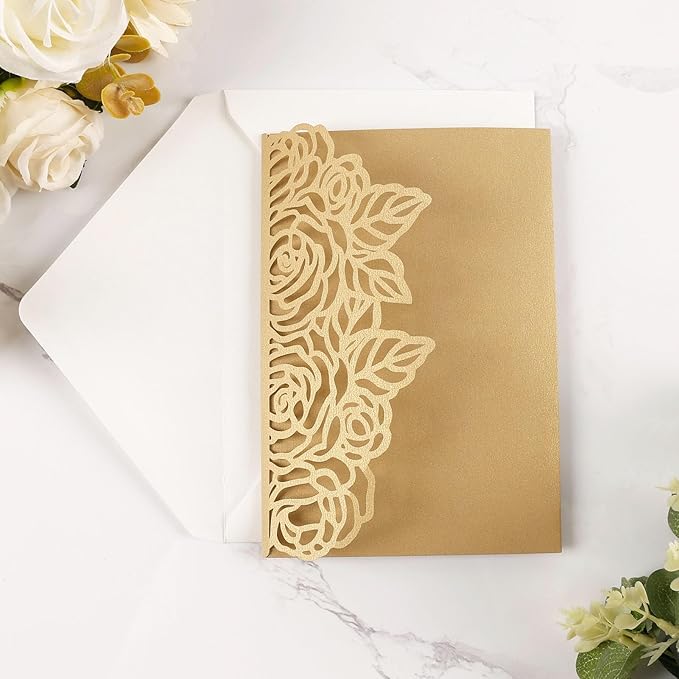 50pcs Gold Laser Cut Wedding Invitations Card Pocket - Image 2