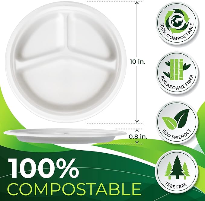 150-Piece 100% Compostable 10in Paper Plates, 3-Compartment Heavy Duty - Image 2